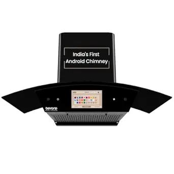 Beyond Appliances Asteria 90cm 1408m³/hr, Filterless Autoclean Curved Kitchen Chimney with Smart Screen & Speakers (Touch Control, Black)