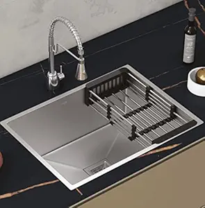 HAPPY HOMES Modular Kitchen Sink (24X18X10 Inch), Matte Satin Finish 304 Grade Stainless Steel with Nanocoated Undercoating |Square Coupling and Metal Fruit Basket | 7 Years Warranty|