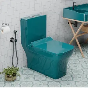 InArt Green Ceramic One Piece Western Toilet Commode with Soft Close Seat, Floor Mounted, Rectangular, S-Trap 220 MM, Easy Clean, 66 x 36.5 x 73 cm