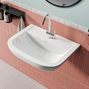 LAPO Basin for Bathroom, Wall mount Wash basin, Ceramic Wash Basin for Bathroom, Ceramic Wall Hung Sink for Bathroom (White Finish, 43.2x56.5x15 cm) Herry