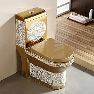 InArt Floor Mounted One-Piece Western Toilet, European Commode, Oval Ceramic Water Closet with Soft Close Seat, S-Trap for Lavatory Use