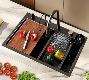 AVIER Kitchen Sink with ANTI SCRATCH HONEYCOMB DESIGN Integrated Waterfall, Pull-down Faucet Set; 304 Grade Stainless Steel Sink with Cup washer and Drain Baskets (30x18x9 inch, Nano Coating)