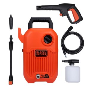 BLACK+DECKER BEPW1600 Pressure Washer – 1300W, 1600 PSI (110 Bar) Brand: BLACK+DECKER Power: 1300 Watts Maximum Pressure: 1600 PSI (110 Bars) Colour: Orange & Black Use: Ideal for Car, Bike, Home & Garden Cleaning Accessories: Multiple accessories included for versatile cleaning tasks Warranty: 1 Year