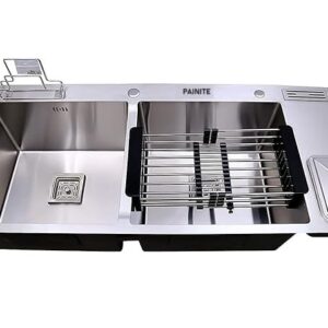 PAINITE 45" x 20" x 10" 304 grade handmade matt finish Double bowl with dustbin & tap hole stainless steel kitchen sink.