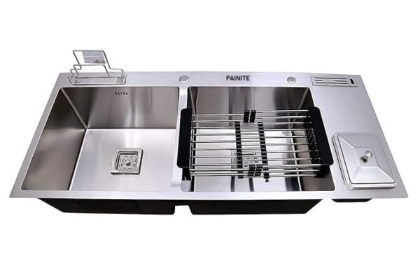 PAINITE 45" x 20" x 10" 304 grade handmade matt finish Double bowl with dustbin & tap hole stainless steel kitchen sink.