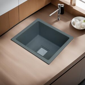 REMANENCE Granite Quartz Single Bowl Kitchen Sink With Drain Board, Drain Rack and PVC Waste Pipe-Flushmount/Undermount/Top Mounted Kitchen Sink (Grey, 16 x 18 x 9 Inches)