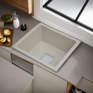 Click to see full view 2 VIDEOS 3+ REMANENCE Granite Quartz Single Bowl Kitchen Sink With Drain Board, Drain Rack And PVC Waste Pipe-Flushmount/Undermount/Top Mounted Kitchen Sink, Matt Finish (Ivory Sand, 24 X 18 X 9 Inch)