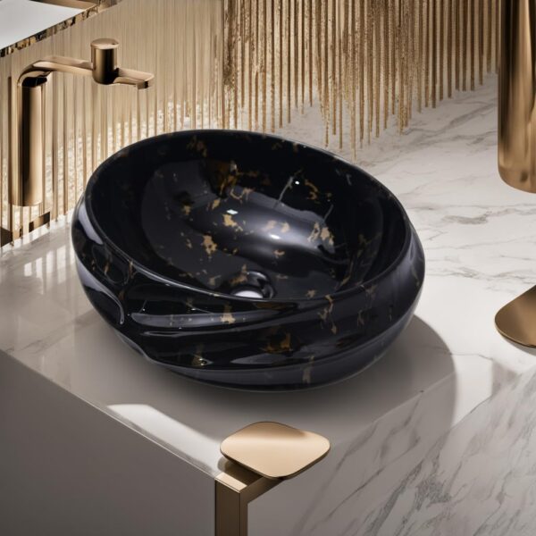 NEXIS Designer Ceramic Wash Basin for Bathroom | Over Counter Top Sink for Restaurant, Hotel (Black Gold Art, 16 x 13 x 6 Inch)