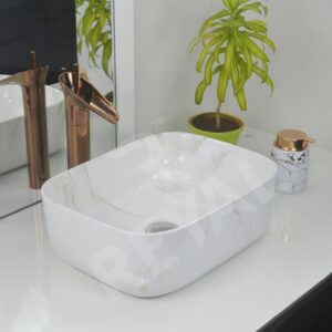 Reyal Premium Ceramic Square Table Top Wash basin (Size : 12" x 16" x 5") Countertop Vessel Sink | Bathroom Wash Basin over counter (White Cloud)