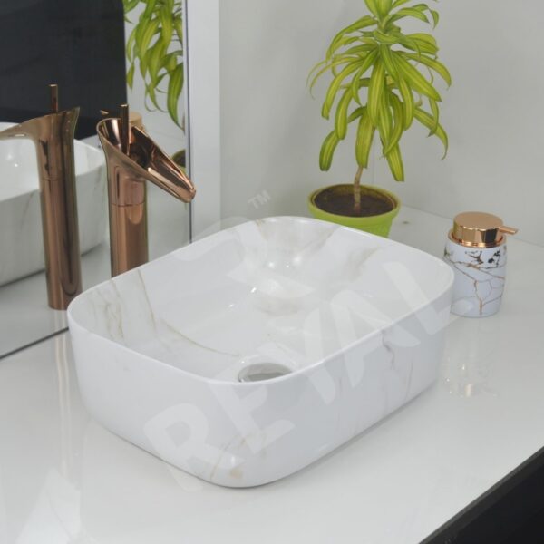 Reyal Premium Ceramic Square Table Top Wash basin (Size : 12" x 16" x 5") Countertop Vessel Sink | Bathroom Wash Basin over counter (White Cloud)