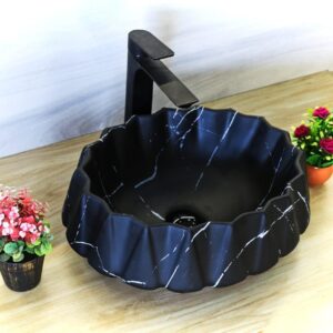 NEXIS Designer Glossy Finish Ceramic Art Wash Basin Vessel Sink Table Top | Collapsible Wash Basin || Art Wash Basin (16 x 13 x 6 Inch) (Black,White)