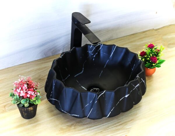 NEXIS Designer Glossy Finish Ceramic Art Wash Basin Vessel Sink Table Top | Collapsible Wash Basin || Art Wash Basin (16 x 13 x 6 Inch) (Black,White)